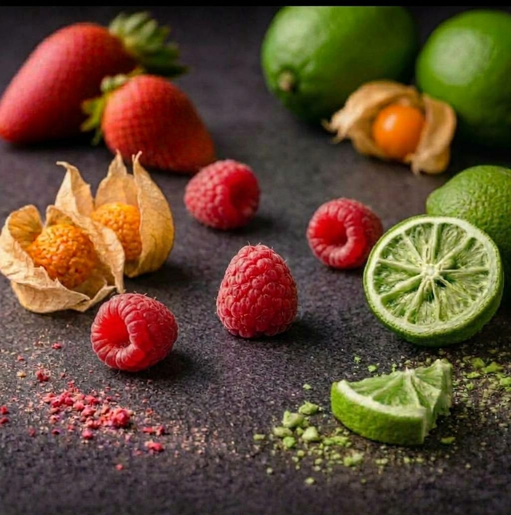 Frambuesas, frutillas, physalis y limón liofilizados sobre fondo oscuro